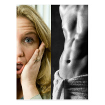 Funny Face Woman and Hunk Guy Abs Template postcards