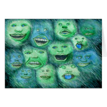 Funny Faces. Fun Cartoon Monsters. Green. Greeting Card