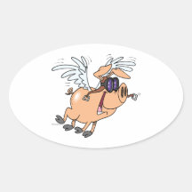 funny flying pig flyer cartoon oval stickers