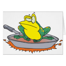 funny frog in a frying pan cartoon greeting card