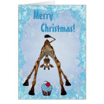 Funny Giraffe & Blue Cupcake Christmas Card