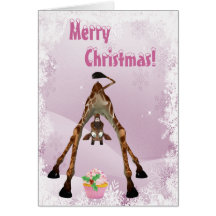 Funny Giraffe & Pink Cupcake Christmas Card
