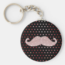 Funny Girly Pink Bling Moustache Polka Dots Patter Keychains