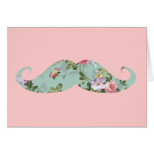 Funny Girly Vintage Red Pink Floral Moustache Greeting Card