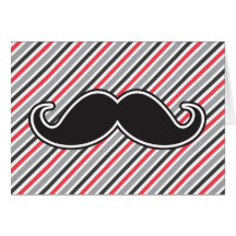Funny handlebar moustache on retro grey red stripe greeting cards