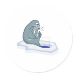 funny ice fishing walrus round sticker