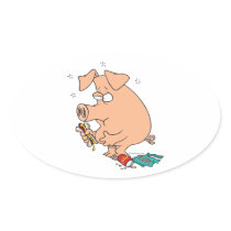 funny junk food stuffed pig with tummy belly ache oval stickers