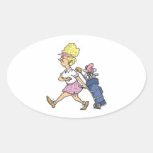 funny lady golfer cartoon graphic oval stickers