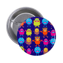 Funny Monster Party Cute Creatures on Blue Button