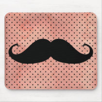 Funny Moustache On Cute Pink Polka Dot Background Mouse Mats