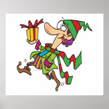 funny running christmas elf with present cartoon posters