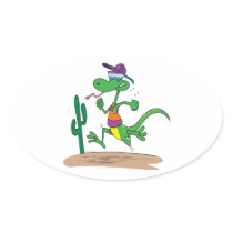 funny running in the desert lizard cartoon oval sticker
