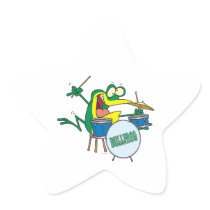 funny silly cartoon frog drummer cartoon sticker