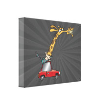 funny silly giraffe in a car commuting stretched canvas print