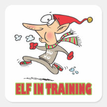 funny silly santa elf in training jogging cartoon square sticker