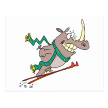 funny silly ski jump rhino cartoon postcard