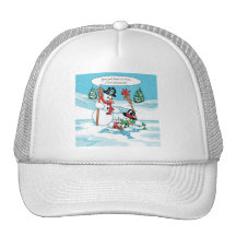 Funny Snowman with Hot Chocolate Cartoon Trucker Hats