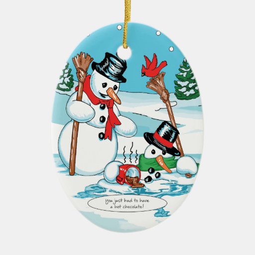 Funny Snowman with Hot Chocolate Cartoon Christmas Tree Ornaments