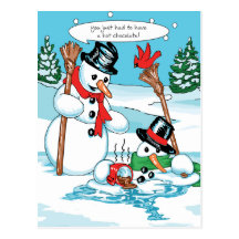 Funny Snowman with Hot Chocolate Cartoon Post Card