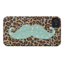 Funny Teal Green Bling Moustache And Animal Print Case-Mate iPhone 4 Cases
