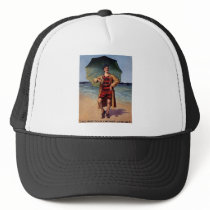 funny vintage man sea bathing suit umbrella poster hats