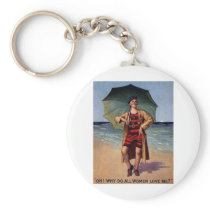 funny vintage man sea bathing suit umbrella poster key chains