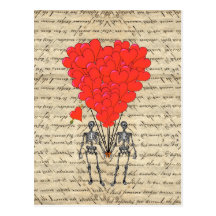 Funny vintage Skeleton and red heart Post Cards