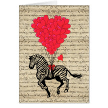 Funny vintage zebra & heart balloons cards