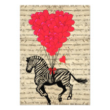Funny vintage zebra & heart balloons personalised invite