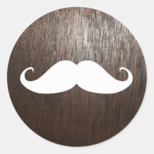 Funny White Moustache on oak wood background Round Sticker