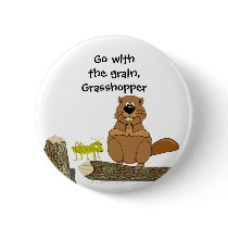 Funny Wood Turning Beaver and Grasshopper Cartoon Pin