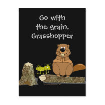 Funny Wood Turning Beaver and Grasshopper Cartoon Post Cards