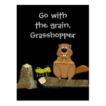 Funny Wood Turning Beaver and Grasshopper Cartoon Post Cards