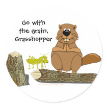Funny Wood Turning Beaver and Grasshopper Cartoon Round Stickers