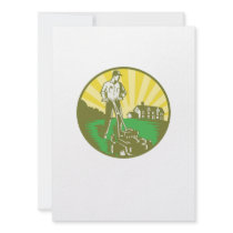 Gardener Mowing Lawn Mower Retro Custom Invitations