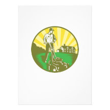 Gardener Mowing Lawn Mower Retro Custom Invitations