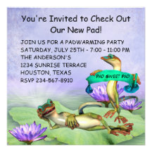 Gecko Water Lily Pad Fun Housewarming Party Personalized Invitation