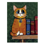 Ginger Tabby Cat and Books Painting Postcard postcards
