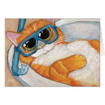 Ginger Tabby Cat with Snorkel in Sink  - Cat Art Card