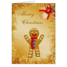 Gingerbread Man, Gold Tinsel & Bell Christmas Card