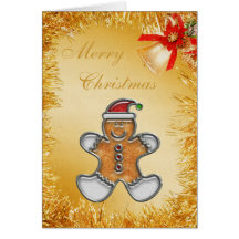 Gingerbread Man, Gold Tinsel & Bell Christmas Card