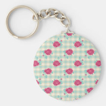 gingham plaid and hot pink chic roses pattern key chain
