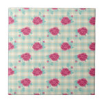 gingham plaid and hot pink chic roses pattern tile