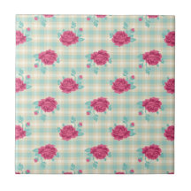gingham plaid and hot pink chic roses pattern tile