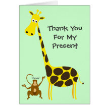 Giraffe Monkey THANK YOU FOR MY PRESENT Kids Note Greeting Cards