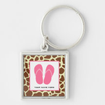 Giraffe Print & Pink Flip Flops Personalised Keychains
