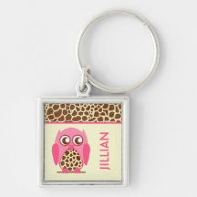 Giraffe Print & Pink Owl Personalised Keychain