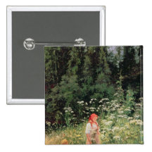 Girl among the wild flowers, 1880 pinback button