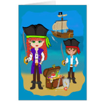 Girl and Boy Pirates with Ship on Beach Card