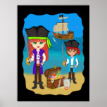 Girl and Boy Pirates with Ship on Beach Poster posters